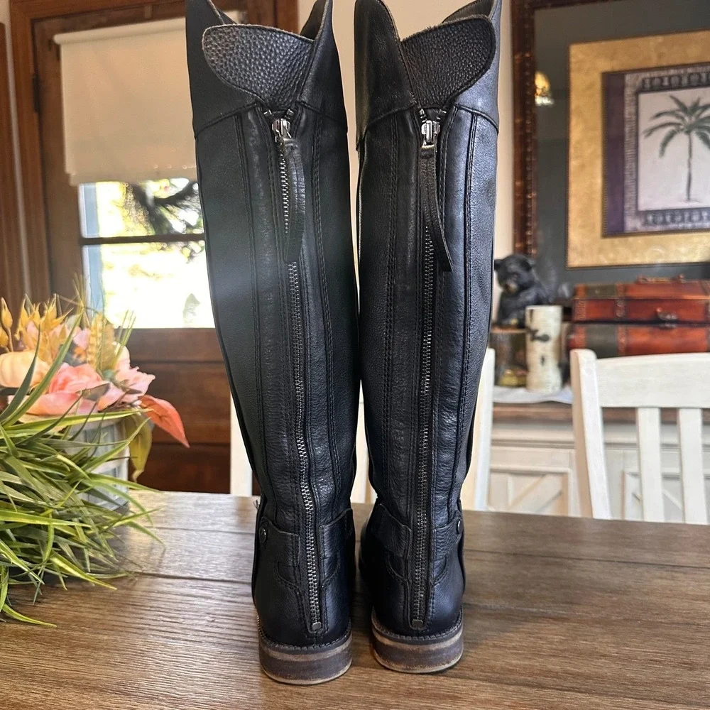 Franco Sarto Black Leather Riding Tall Boots Zip Buckle‎ Block Heel Womens 5.5